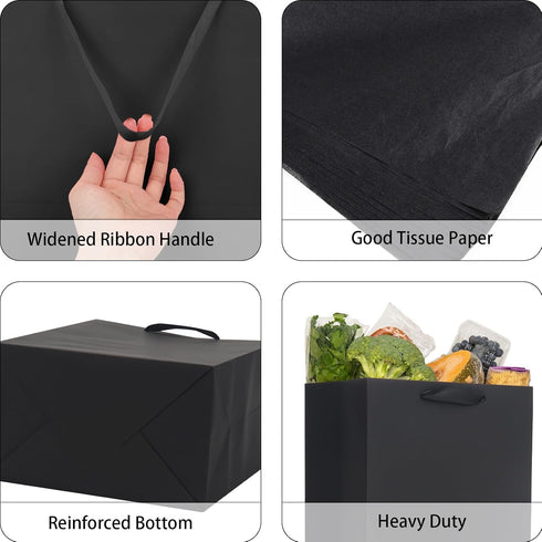 QIELSER 12 Pack Black Gift Bags with Ribbon Handles, Kraft Paper Gift Bags with Tissue Paper in 3 Sizes for Parties