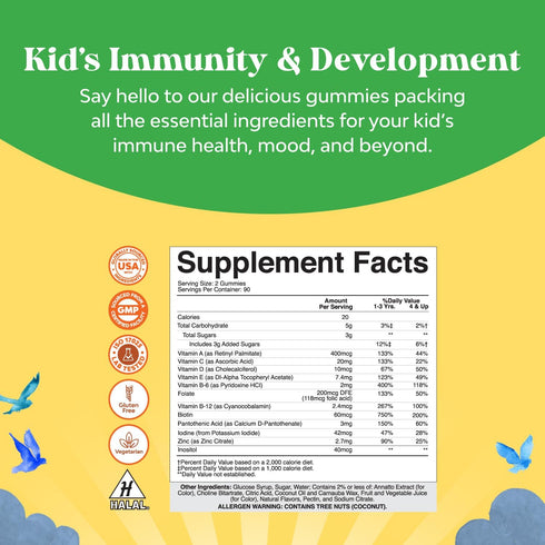 Plant Based Kids Multivitamin Gummies - Immunity Support with Vitamins A, C, D3, E, B & Zinc, Gluten Free, Non-GMO,