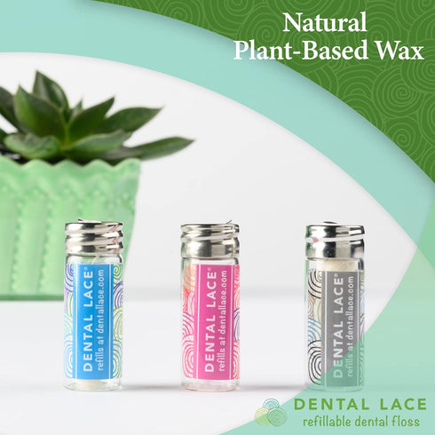 Refillable Silk Dental Floss – 100% Silk Floss with Mint Flavor, Includes 1 Refillable Glass Container and 2 Spools