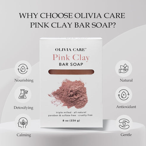 Olivia Care Pink Clay Bar Soap, 100% Natural, Vegan & Organic for Face & Body, 8 OZ