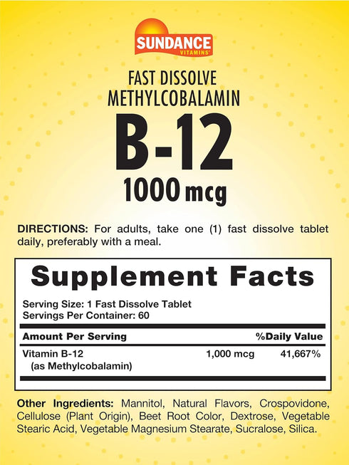 Vitamin B-12 1,000 mcg | 60 Fast Dissolve Tablets | As Methylcobalamin | Vegetarian, Non-GMO, and Gluten Free Supplement | by Sundance