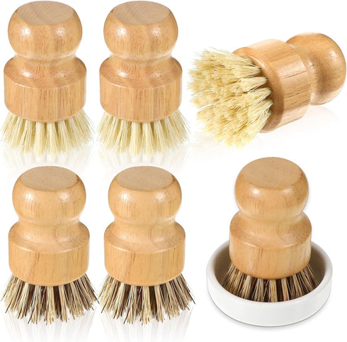 Lyksgir 7 Pcs Bamboo Scrub Brushes Set, Kitchen Dishwashing Scrubber with Natural Sisal/Palm