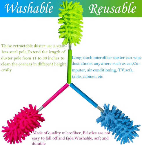 M-Jump 3 Pack Retractable Long-Reach Washable Duster - Microfiber Hand Duster Brush with Telescoping Pole