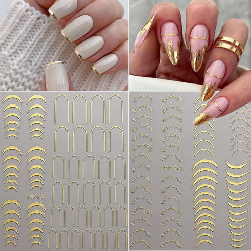 Gold Nail Art Stickers, Metallic Line Nail Decals for Luxury French Tip Manicure, 3D Self-Adhesive Supplies, 8 Sheets