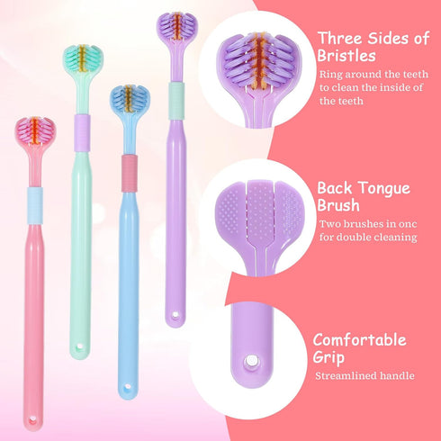 JJUNW 4Pcs 3 Set Sided Toothbrush Adult, Deeply and Thoroughly to Clean Teeth and Gums Colorful Soft Bristle Three