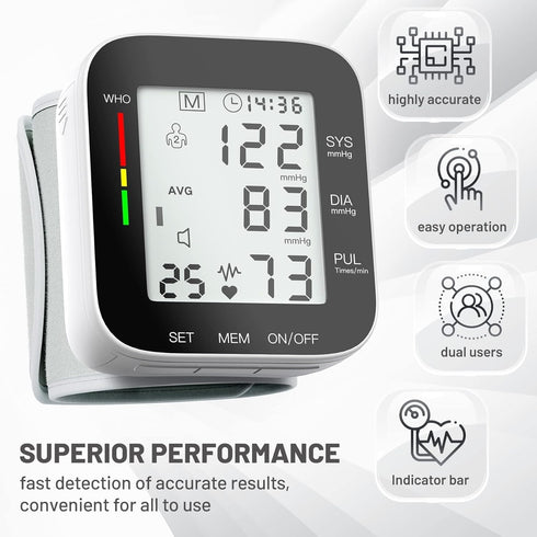 Wrist Blood Pressure Monitor Automatic Large LCD Display Adjustable Wrist Cuff Automatic Dual 99 Reading Memory Automatic Digital BP Machine for Home Use with Carrying Case