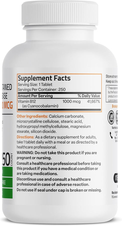 Bronson Vitamin B12 1000 mcg (B12 Vitamin As Cyanocobalamin) Sustained Release Premium Non GMO Tablets Supports Nervous System, Healthy Brain Function and Energy Production, 250 Count