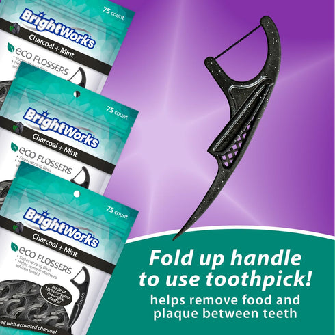 Brightworks ECO Sustainable Floss Picks, 225 Count, Charcoal + Mint Infused, 100% Post-Consumer Recycled Plastic