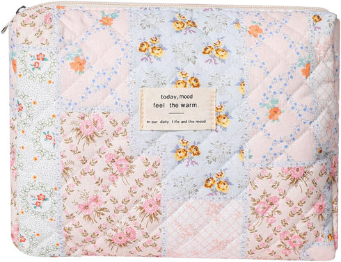 Quilted Cotton Makeup Bag, Coquette Floral Toiletry Bag for Women and Girls, Cute Kawaii Travel Cosmetic Pouch (03 Pink