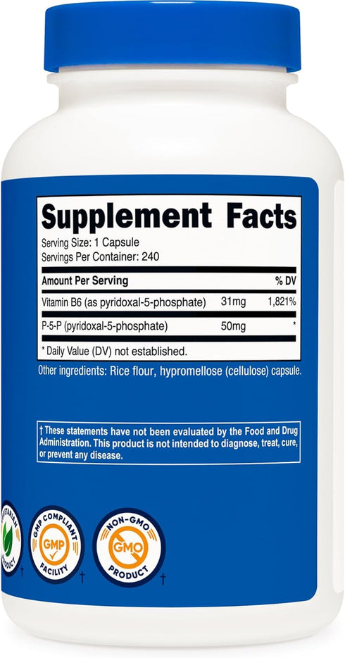 P5P B6 50mg, 240 (Pyridoxal-5-Phosphate) Nutricost Vitamin Supplement Capsules - Vegetarian Friendly, Non-GMO, Gluten