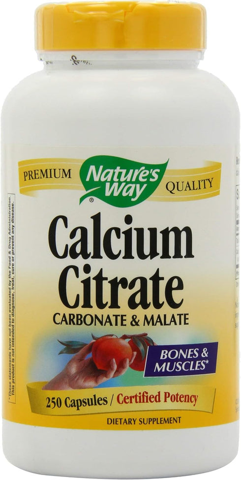 Nature's Way Calcium Citrate, 500 mg Calcium per 2-Capsule Serving, for Bone Health & Muscle Function*, Blend of Citrate, Carbonate & Malate, Gluten Free, 250 Capsules (Packaging May Vary)