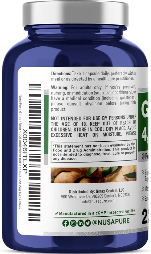 NusaPure Ginger Root Capsules 4000mg - 220 Count, Non-GMO, 20:1 Extract