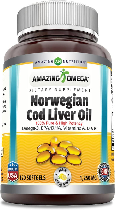 Amazing Omega Norwegian Cod Liver Oil 1250 Mg Softgels, 120 Count