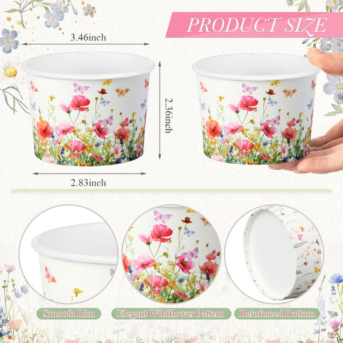 Maxdot 50 9oz Pcs Wildflower Ice Cream Paper Cups Spring Disposable Snack Cups Decorative Butterfly Paper Dessert Bowls