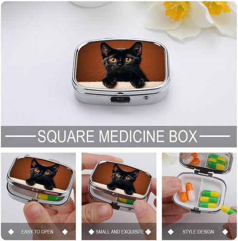 STVNKML 2 Cute Peeping Black Cat Pill Box Travel Pill Organizer Compartment Weekly Pill Case with Mirror A Day Medicine