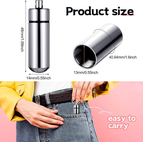 12 Pieces Portable Pill Case First Aid Pill Container Mini Pill Container Waterproof Aluminum Keychain Pill Case Keychain for Medications, Vitamins and Supplements (Silver)