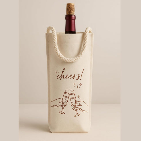 WN27 Jacob Bicerri Reusable Canvas Wine Gift Bag with Rope Handle - Cheers Printed Bottle Tote for Parties, Weddings