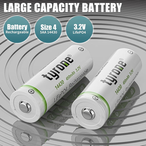 tyrone 14430 3.2 Volt Rechargeable Solar Light Battery, 3.2V 450mAh for Outdoor Garden Light (4 Pack)