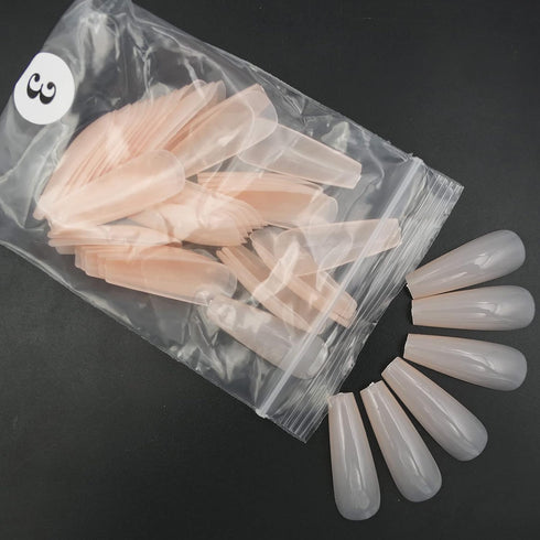LuckForever 500pc Painted Coffin Press on Nails, Full Cover Beige Nude False Nails, Ballerina Shaped Acrylic Nail Tips