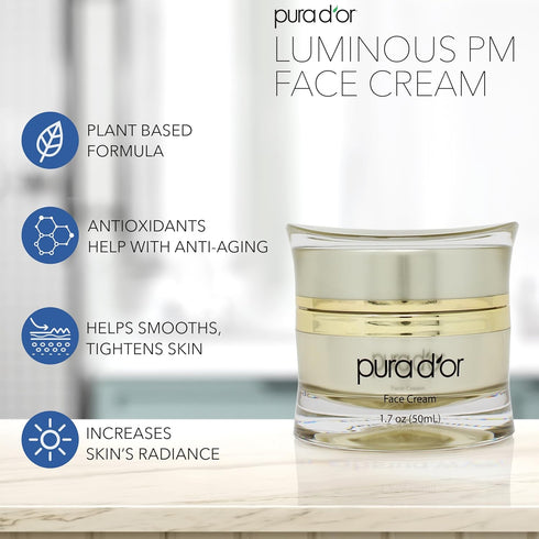 PURA D'OR 1.7 Oz Luminous PM Face Cream: Methylene Blue, Marine Collagen, Retinol, Peptides, Apple Stem Cell Extract,