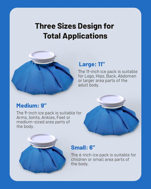 Ice Pack Bags for Injuries, Reusable 3 Packs Hot Water Bag for Pain Relief, Leak-Proof Elastic Ice Bag, Sizes 6, 9, 11