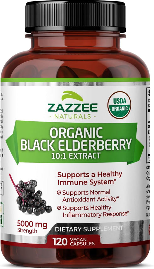Zazzee USDA Organic Black Elderberry 10:1 Extract, 5000 mg Strength, 120 Vegan Capsules, 2 Month Supply