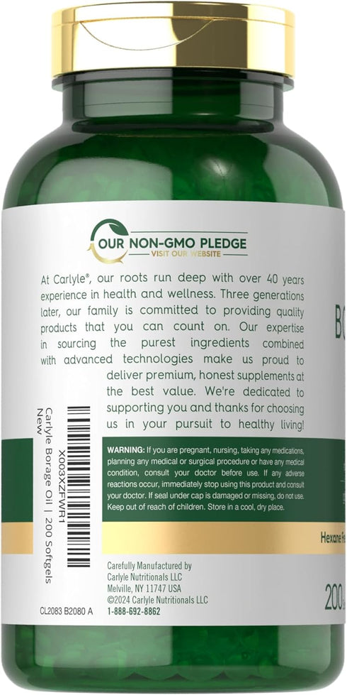 Carlyle Borage Oil Capsules, 2000mg, 200 Softgels, Cold Pressed Seed Oil Supplement