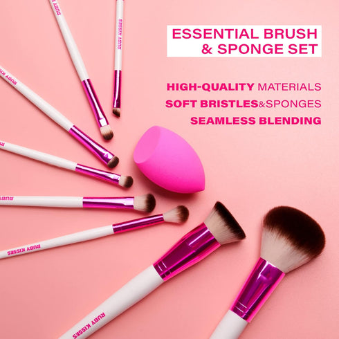 Ruby Kisses 9PCS Makeup Brush Set, Includes Powder, Blending, Eyeshadow, Eyebrow, Eyeliner Brushes and Sponge