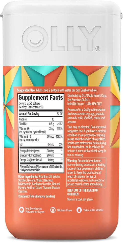 OLLY Ultra Strength Brain Softgels - Supports Memory, Focus & Concentration with Omega-3s, 60 Count