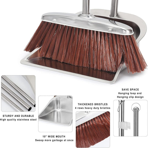 SUTINE Broom and Dustpan Set for Home, 56" Upright Long Handle, Heavy Duty Stainless Steel Dust Pan for Indoor Outdoor