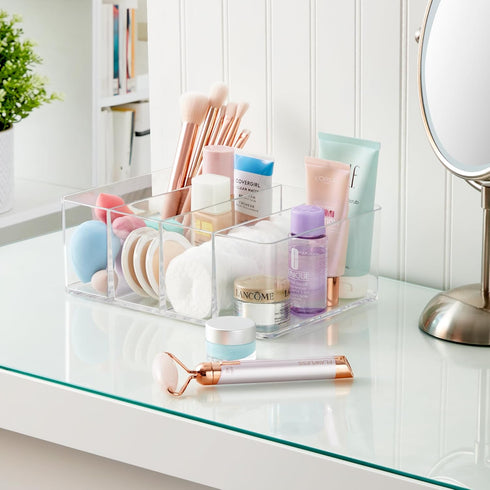 STORi Clear Plastic Organizer with 4 Compartments | Rectangular Makeup Storage Bin | Use Upright for Eyeshadow Palettes