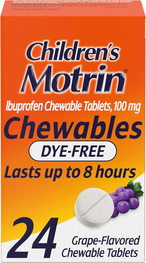 Motrin Children's Dye-Free Ibuprofen Chewable Tablets, Grape | Pain & Fever Relief - 24 Count