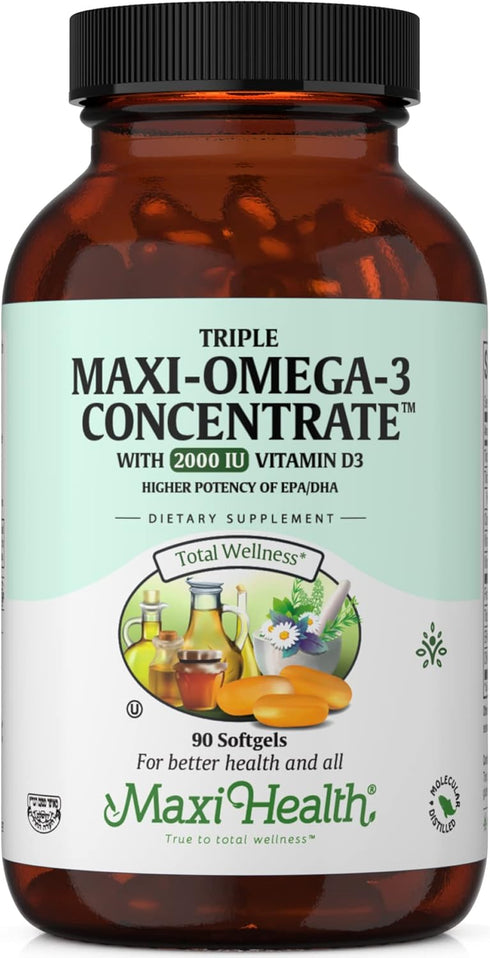 Maxi Health Omega 3 Supplement - Omega-3 Fish Oil Triple Concentrate w/ Vitamin D3 - 90 Softgels for Heart, Brain,