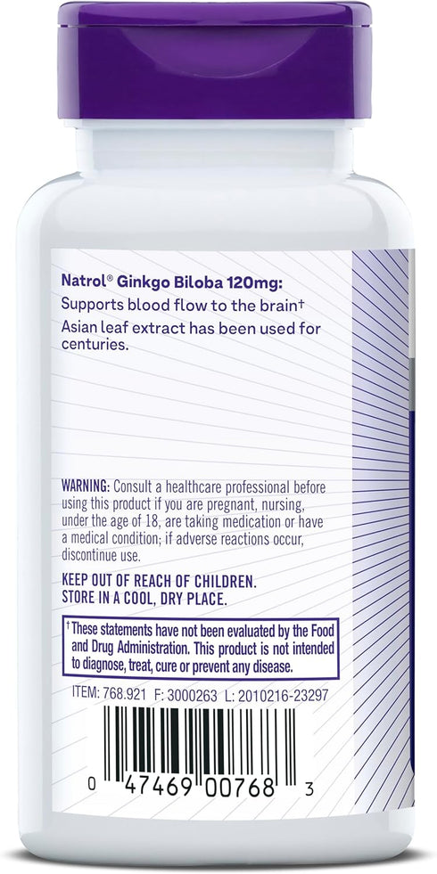 Natrol Brain Health Ginkgo Biloba 120mg, 60 Capsules, Dietary Supplement for Brain Health and Memory Support