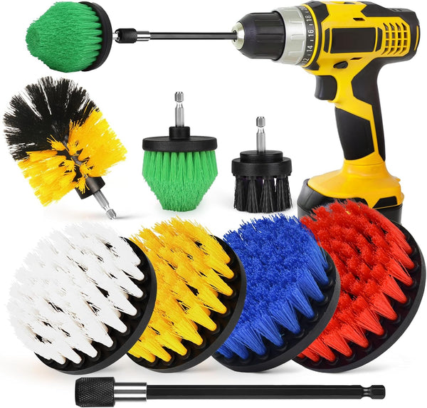 7Pcs Drill Brush Attachment Set, 1/4in Power Scrubber Brush + Extend Long Attachment for Multi-Purpose Cleaning