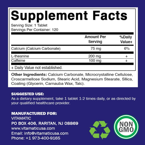 Vitamatic L-Theanine 200mg with Caffeine 100mg, 120 Vegetarian Tablets Nootropic Supplement for Focused Energy & Clarity