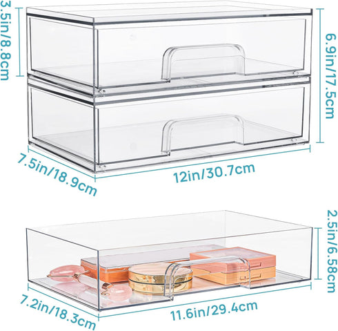 Vtopmart 12''W Clear Stackable Storage Drawers, 2 Pack Acrylic Organizers for Makeup and Beauty Supplies