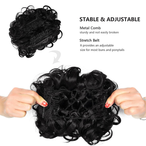 Rose Bud Chignon Hairpiece, Curly Bun Extensions Scrunchie Updo Synthetic Combs for Women, Off Black Natural
