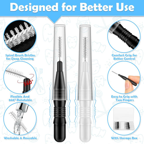 120Pcs Interdental Brushes - 360° Bendable Soft Bristles for Gum Braces Oral Teeth Cleaning Tool (Black, White)