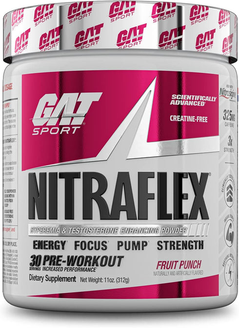 GAT SPORT Nitraflex Advanced Pre-Workout Powder, Boosts Strength & Energy, Creatine-Free (Fruit Punch, 30 Servings)
