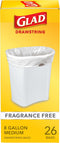 Glad Trash Bags, Medium Drawstring Garbage Bags, 8 Gallon, 26 Count, White, Fragrance Free, Pack May Vary