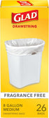 Glad Trash Bags, Medium Drawstring Garbage Bags, 8 Gallon, 26 Count, White, Fragrance Free, Pack May Vary