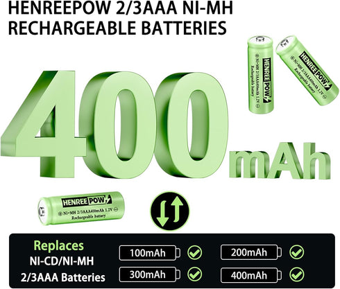 Henreepow Ni-MH 2/3AAA 1.2v 400mAh Rechargeable Batteries,Low Self-Discharge, Long Range with Button Top for Solar Lights,Length 2/3 The Size of AAA batteries(12 pack)(Not AAA Size Batteries)