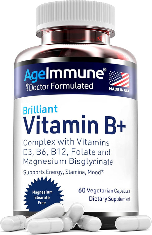 Vitamin B Complex with Vitamin D3, B12, B6, Magnesium Bisglycinate, and Folate, 60 Capsules