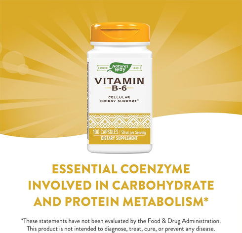 Nature's Way Vitamin B-6 Supplement, 50mg per Serving, 100 Capsules for Cellular Energy Support