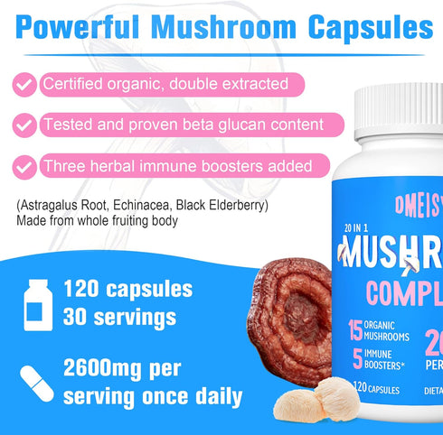 Mushroom Supplement 2600mg, 20-IN-1 Complex - Organic Mushrooms for Natural Energy, Immunity, Memory, Focus & Longevity