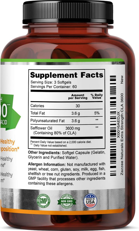 Zazzee High Potency CLA 3600, 180 Softgels, 3600 mg per Serving, Non-GMO, Made in The USA