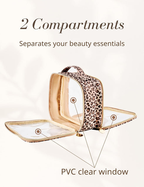 Clear Leopard Travel Makeup Bag, Transparent Cosmetic Pouch with Handle, Portable Toiletry Organizer (Nylon and PVC)