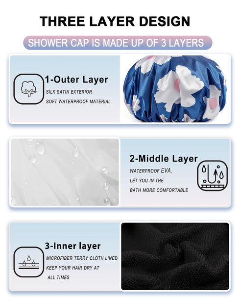 YIZIJIZI Terry Lined Shower Cap, Triple Layer Large Reusable Waterproof Cap for Long Thick Hair, Blue