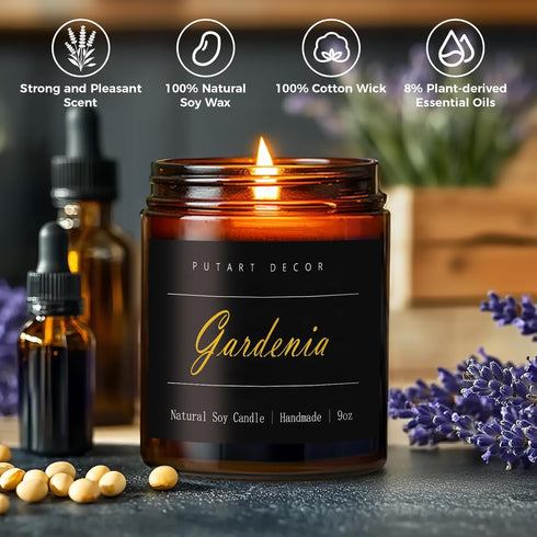 Putart 9oz Gardenia Scented Candles for Home, Natural Soy Wax Aromatherapy Organic Santal Candle for Stress Relief